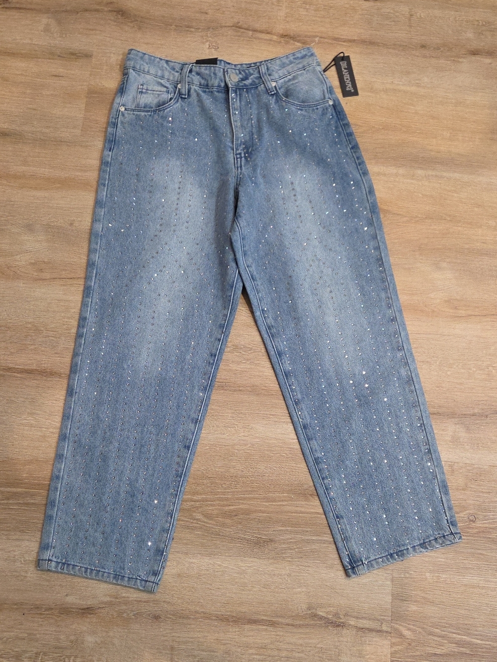 Blank NYC Light Blue Boyfriend Jeans with Rhinestone Detail